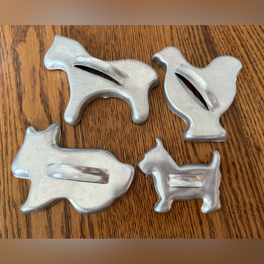 Vintage Set of Animal Cookie Cutters: Chicken, horse, dog, rabbit